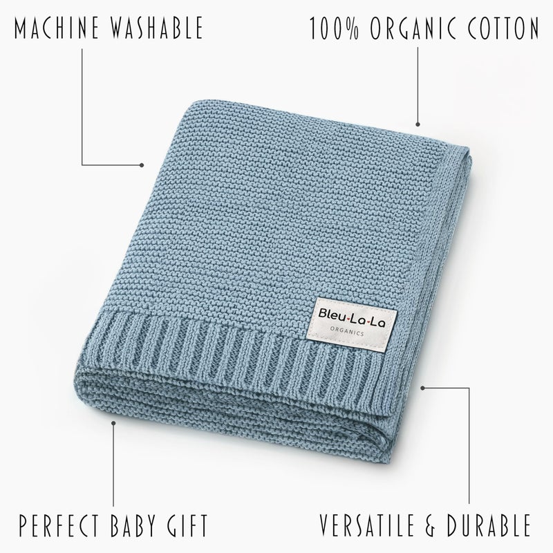Bleu La La Organic Cotton Heritage Knit Receiving Blanket for Boys - 100% Luxury Soft Organic Cotton - Warm Cozy Swaddle Cuddle Blanket for Newborns Infants & Toddlers (0-2Yrs - Sky Blue) - Image 3